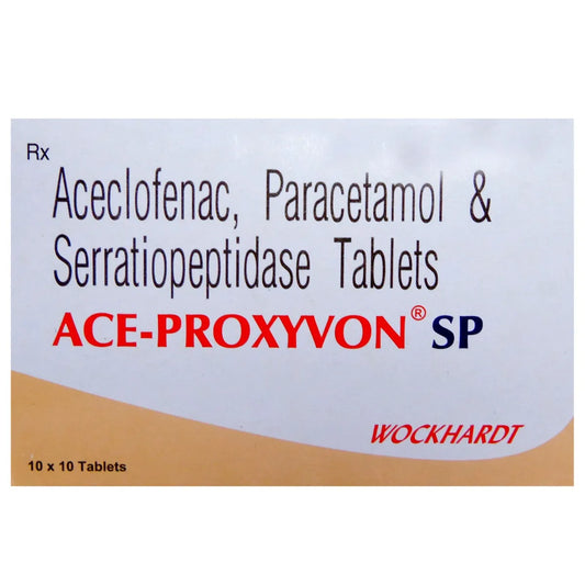 Medicine Name - Ace-Proxyvon Sp Tablet- 10It contains - Aceclofenac (100Mg) + Paracetamol (325Mg) + Serratiopeptidase (15Mg) Its packaging is -10 Tablet in a strip