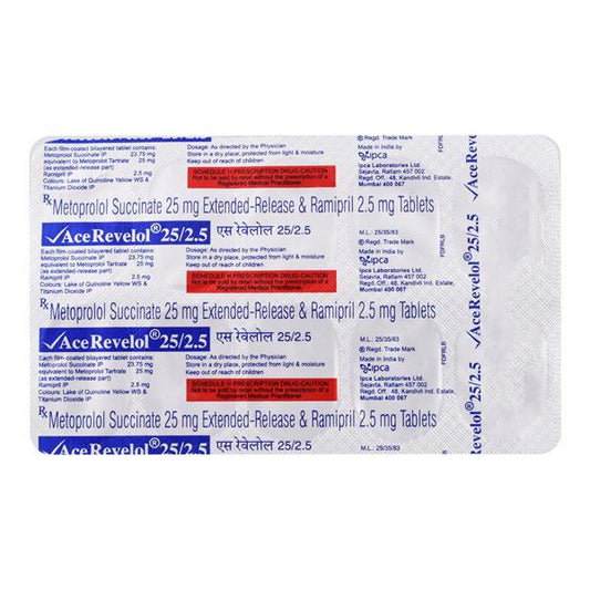 Medicine Name - Ace Revelol 25/2.5 Tablet Er- 10It contains - Metoprolol Succinate (25Mg) + Ramipril (2.5Mg) Its packaging is -10 Tablet ER in a strip