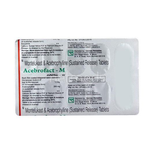 Medicine Name - Acebrofact-M Tablet SrIt contains - Acebrophylline (200Mg) + Montelukast (10Mg) Its packaging is -10 Tablet SR in a strip