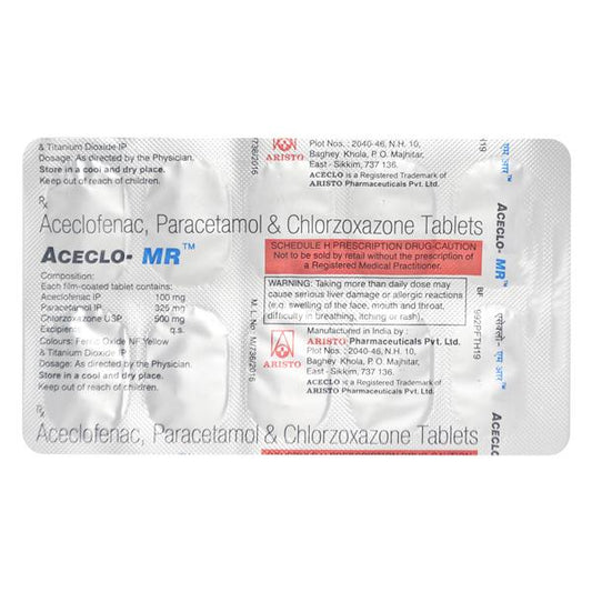 Medicine Name - Aceclo-Mr Tablet- 10It contains - Aceclofenac (100Mg) + Paracetamol (325Mg) + Chlorzoxazone (500Mg) Its packaging is -10 Tablet in a strip