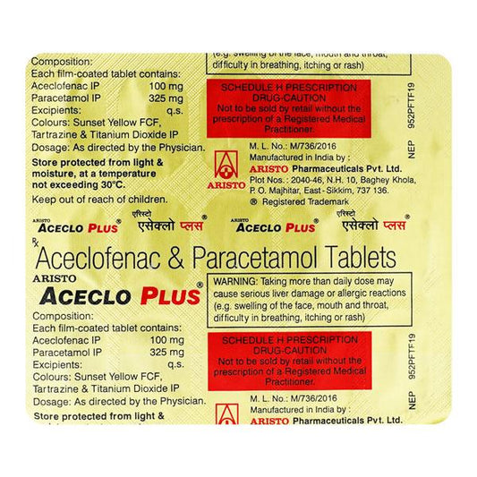 Medicine Name - Aceclo Plus Tablet- 15It contains - Aceclofenac (100Mg) + Paracetamol (325Mg) Its packaging is -15 Tablet in a strip