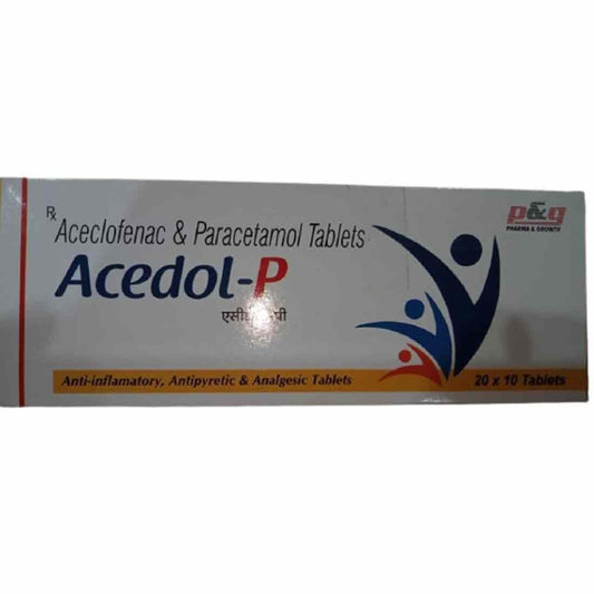 Medicine Name - Acedol P 100 Mg/500 Mg TabletIt contains - Aceclofenac (100Mg) + Paracetamol (500Mg) Its packaging is -10 Tablet in a strip
