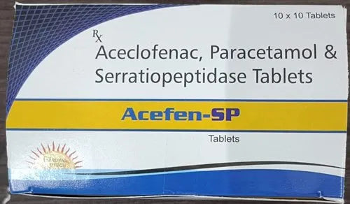 Medicine Name - Acefen Sp TabletIt contains - Aceclofenac (100Mg) + Paracetamol (500Mg) + Serratiopeptidase (15Mg) Its packaging is -10 Tablet in a strip