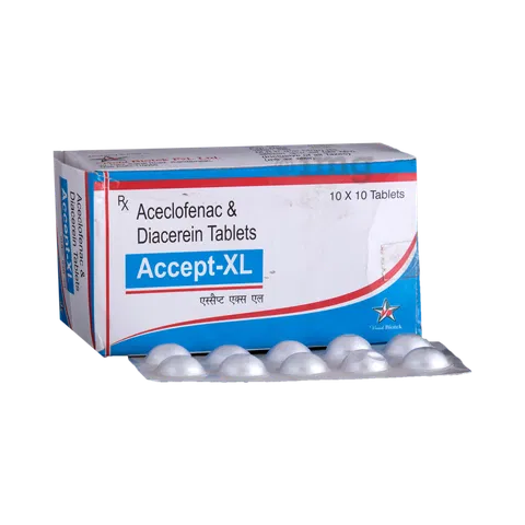 Medicine Name - Accept-Xl TabletIt contains - Aceclofenac (100Mg) + Diacerein (50Mg) Its packaging is -10 Tablet in a strip