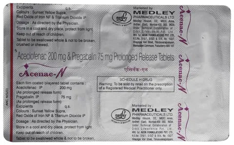 Medicine Name - Acenac-N Tablet PrIt contains - Aceclofenac (200Mg) + Pregabalin (75Mg) Its packaging is -10 Tablet PR in a strip
