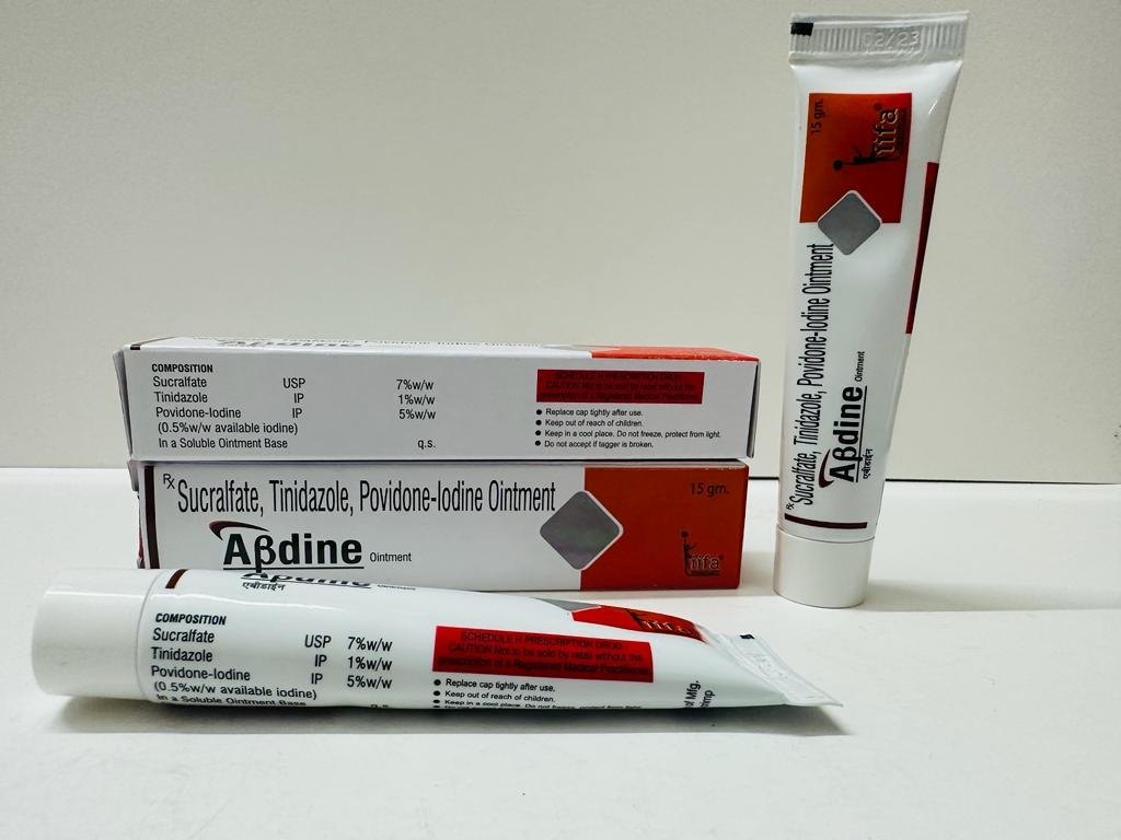 Medicine Name - Abdine OintmentIt contains - Povidone Iodine (5% w/w) + Tinidazole (1% w/w) + Sucralfate (7% w/w) Its packaging is -15gm Ointment in a tube