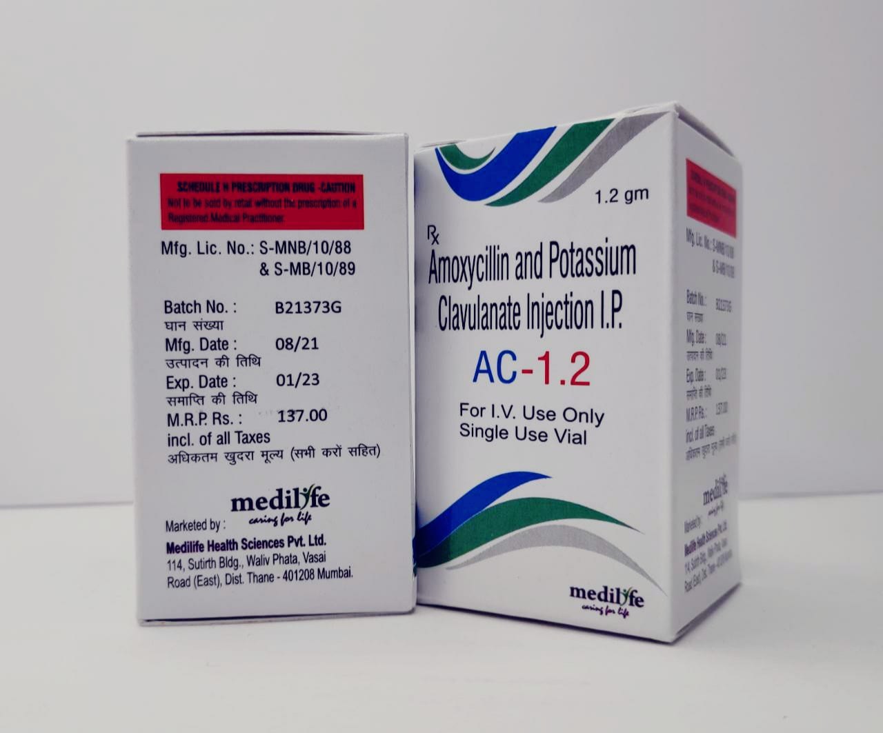 Medicine Name - AC 1.2GM INJECTIONIt contains - AMOXICLLIN CLAVULANIC Its packaging is -1 INJECTION IN A VIAL