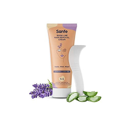 Sanfe Dermatologically Tested Hair Removal Cream,50gm for Sensitive Skin, With Lavender Extracts,Vitamin E,Aloe Vera,Shea Butter With Spatula
