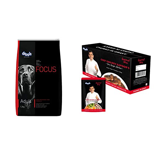 Drools Focus Adult Super Premium Dog Food, 1.2kg&Drools Gourmet Bites Chicken Chunks in Gravy, Adult Wet Dog Food, Sanjeev Kapoor's Recipe - 150g (Pack of 15)