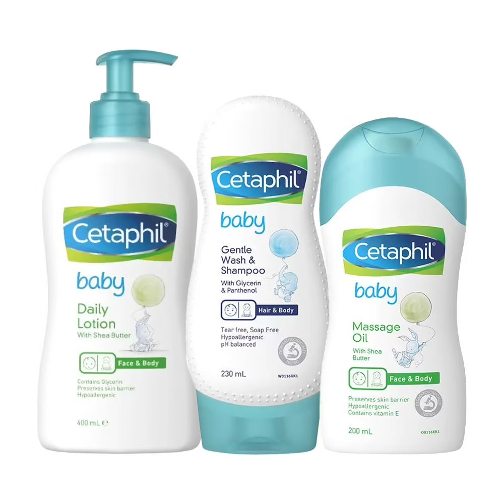 Cetaphil Baby Daily Lotion (400ml), gentle Wash & Shampoo (230ml), Massage Oil With Shea Butter(200ml),Cetaphil Baby Daily Lotion,gentle Wash & Shampoo ,Massage Oil With Shea Butter