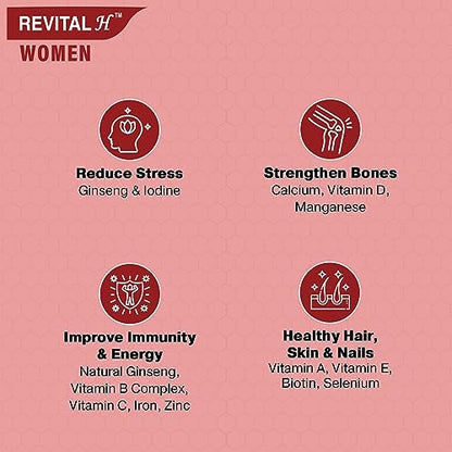 Revital H for Woman with Multivitamins, Calcium, Zinc & Natural Ginseng for Daily Immunity Strong Bones, and Enhances Energy Level - 30 Capsules