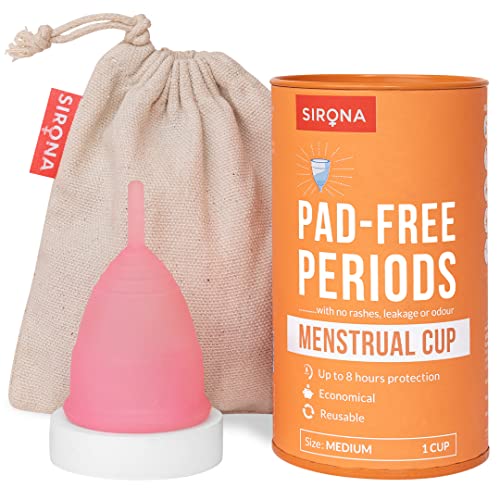 Sirona Reusable Menstrual Cup for Women | Medium Size with Pouch | Ultra Soft, Odour & Rash Free|100% Medical Grade Silicone|No Leakage|Protection for Up to 8-10 Hours | US FDA Registered,Pack of 1