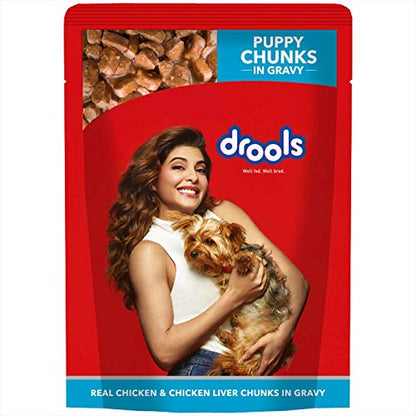 Drools Puppy Wet Dog Food, Real Chicken and Chicken Liver Chunks in Gravy, 24 Pouches (24 x 150g)&Drools Absolute Calcium Tablet- Dog Supplement, 50 Pieces