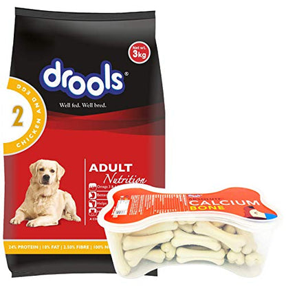 Drools Chicken and Egg Adult Dog Food, 3 kg with FREE 300 gm Bone (20 pieces)