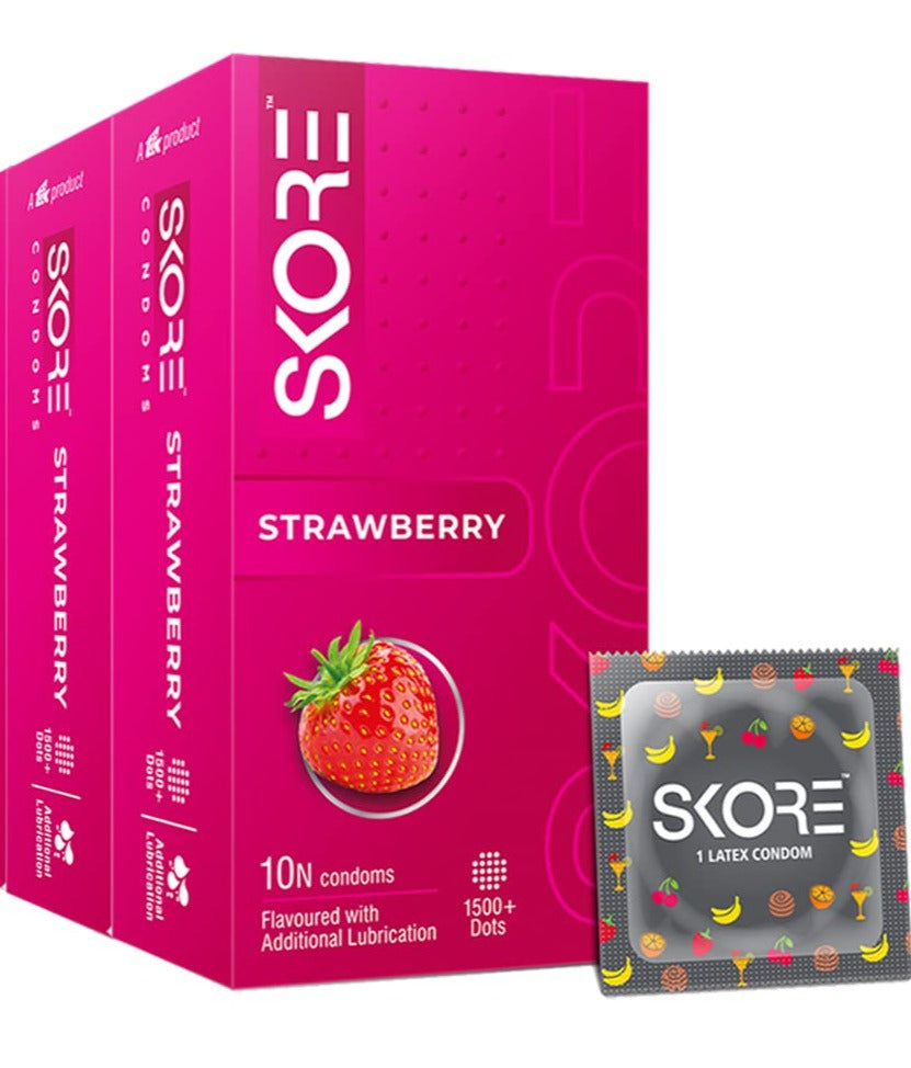 Skore Strawberry Flavored with Extra Lubrication Dotted Condom (10N each) - Pack of 4
