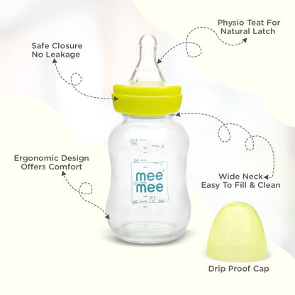 Mee Mee Premium Glass Baby Feeding Bottle for Babies & Toddlers (Green, 120ml)