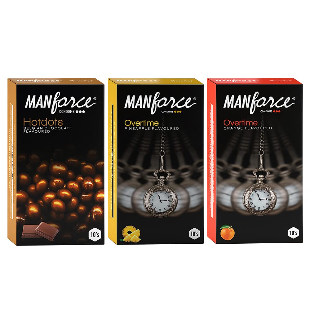 Manforce Premium Hotdots Belgian Chocolate and Overtime (Orange & Pineapple) Ribbed, Contour & Dotted Condoms - (Pack of 3) 10N Per Pack