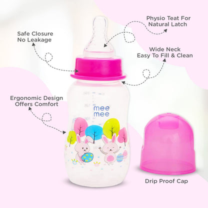 Mee Mee Printed Premium Baby Feeding Bottle (Dark Pink, 125 ml- Pack of 2)