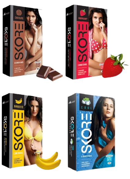 Skore (Chocolate, Strawberry, Banana, Cool-Mint Flavoured) Dotted Condoms, 10N Per Pack - (Pack of 4)