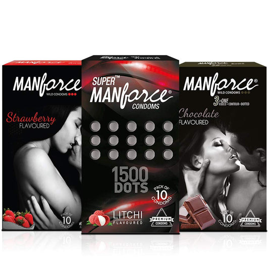 Manforce Extra Dotted (LitchiI, Strawberry & Chocolate) Flavoured Condoms - (Pack of 3) 10N Per pack