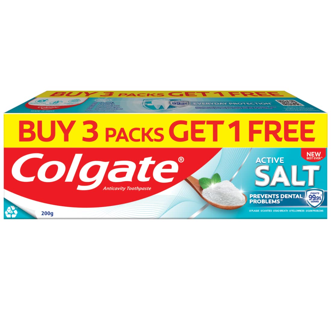Colgate Toothpaste Active Salt (200gm each-Buy 3+1 Free) Fights Germs & Eliminates Bad Breath,Colgate Toothpaste Active Salt