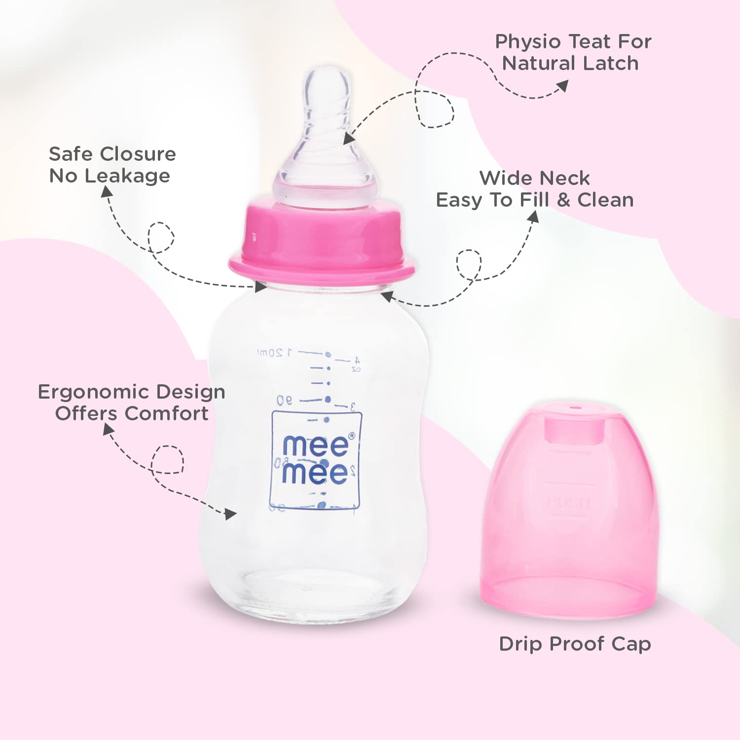 Mee Mee Premium Glass Baby Feeding Bottle for Babies & Toddlers (Pink, 120ml) - Pack of 2
