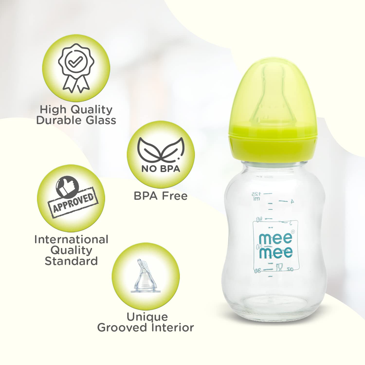 Mee Mee Premium Glass Baby Feeding Bottle for Babies & Toddlers (Green, 120ml)