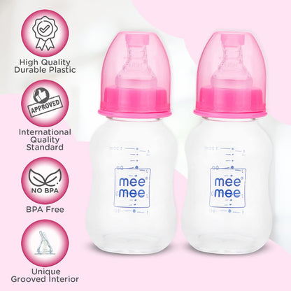 Mee Mee Premium Glass Baby Feeding Bottle for Babies & Toddlers (Pink, 120ml) - Pack of 2