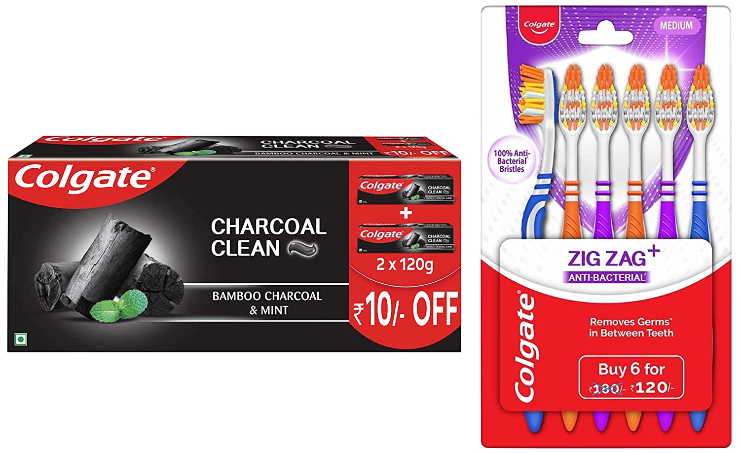 Colgate Toothpaste Charcoal Clean - Bamboo Charcoal & Mint (120gm each) + Colgate ZigZag Manual Toothbrush for adults, Pack of 6 Medium,Colgate Toothpaste Charcoal Clean,Colgate ZigZag Manual Toothbrush for adults