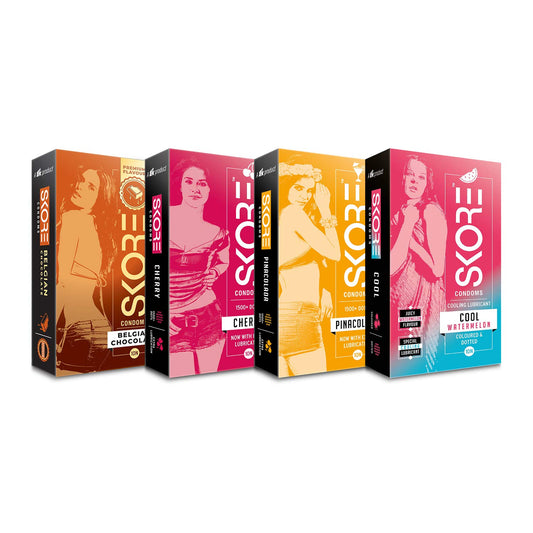 Skore Dotted and Flavored Condoms (Belgiam Chocolate, Cherry, Pinacolada, Cool Watermelon) - Pack of 4
