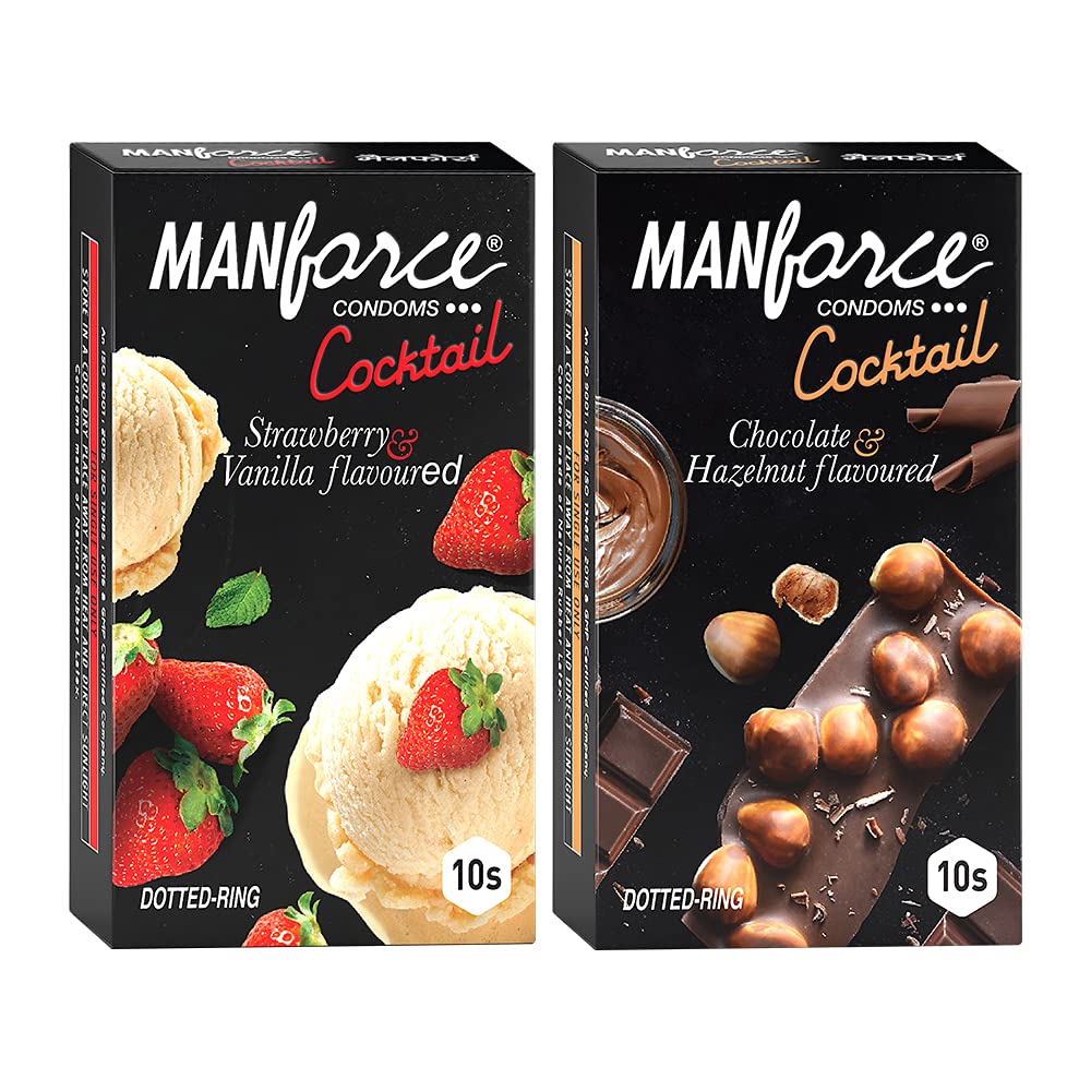 Manforce Cocktail (Strawberry+ Vanilla & Chocolate+ Hazelnut) Flavoured Condoms with Dotted & Rings - (Combo)10N each