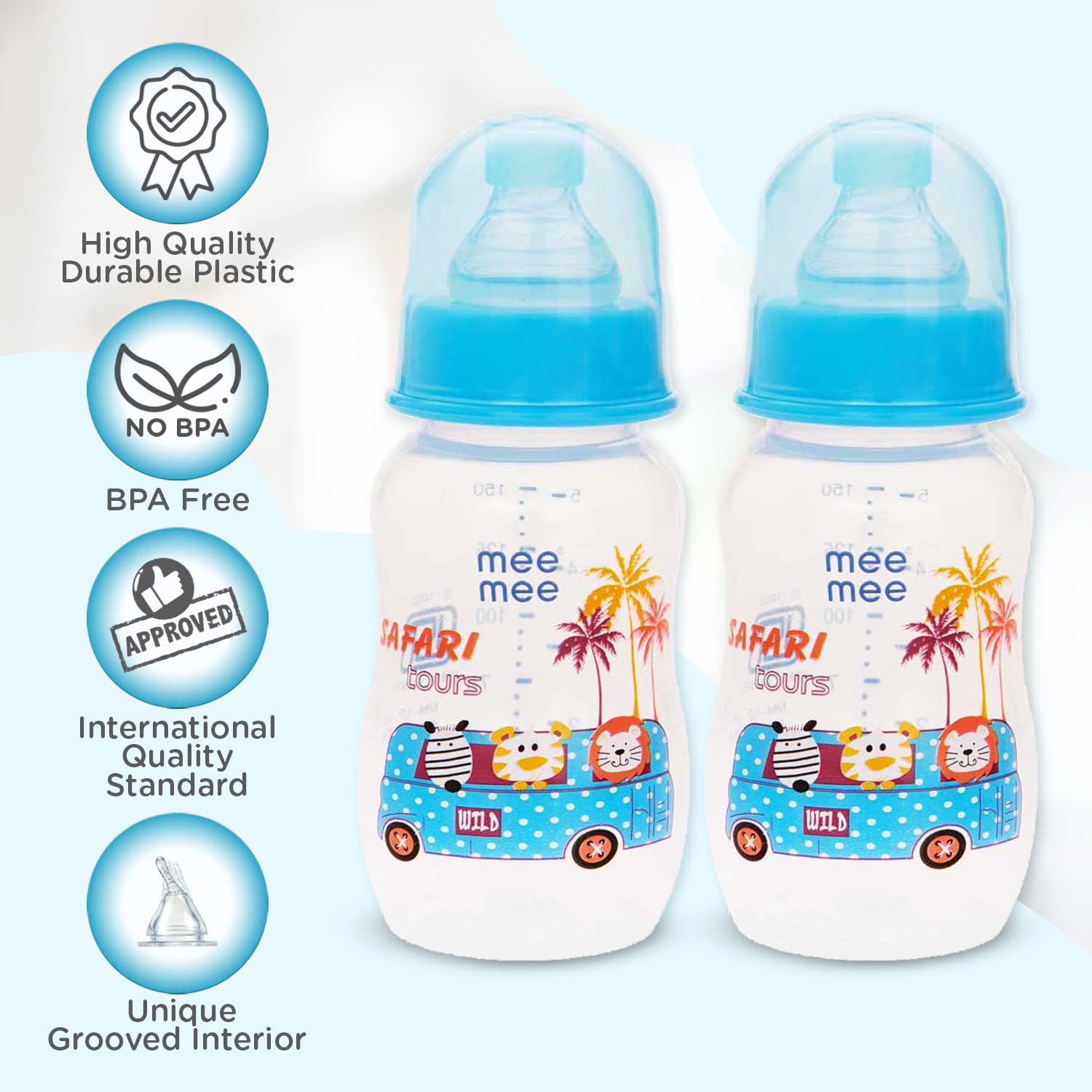 Mee Mee Printed Premium Baby Feeding Bottle (Blue, 125 ml- Pack of 2)
