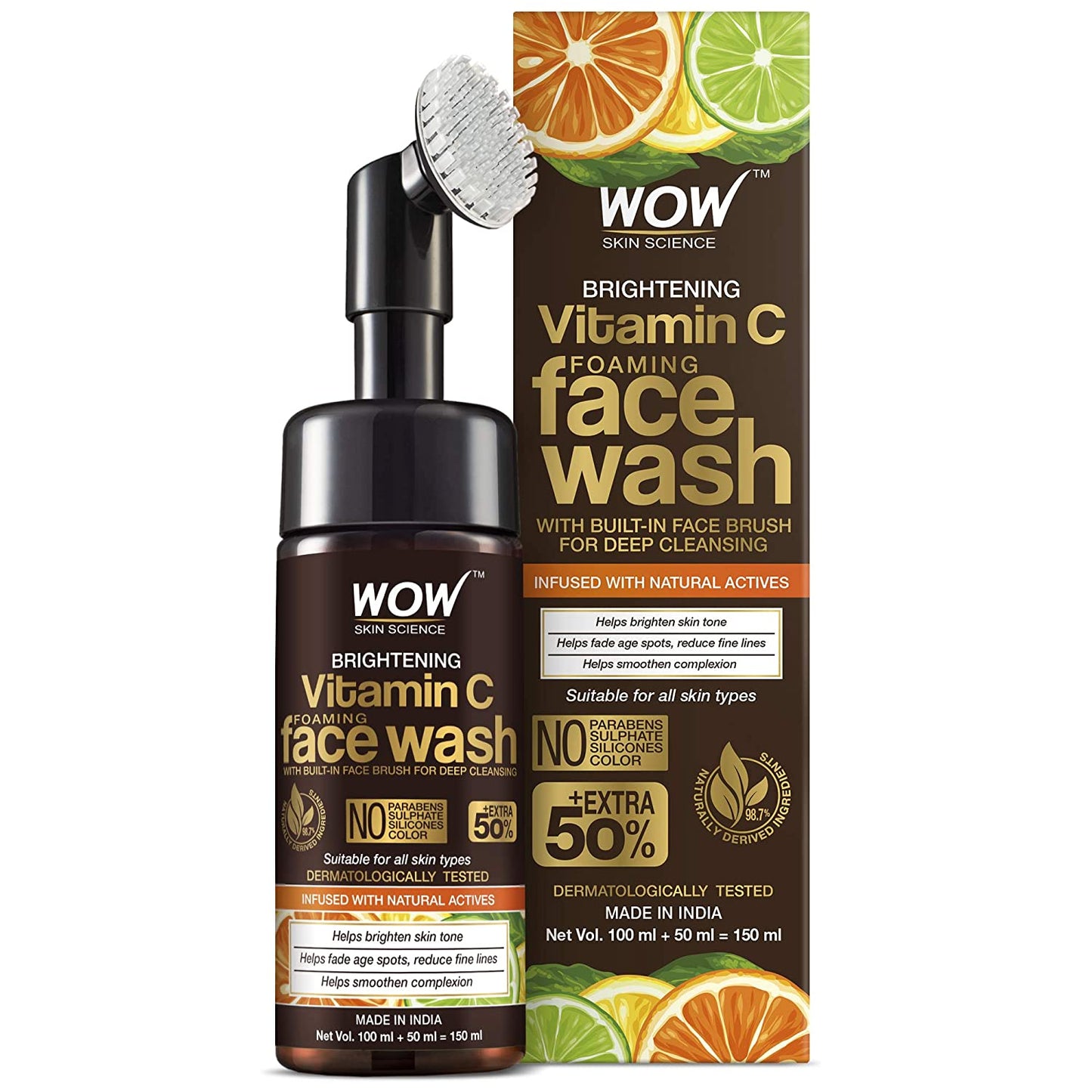 WOW Skin Science Brightening Vitamin C Foaming Face Wash with Built-In Face Brush - 150ml
