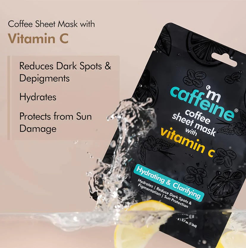MCaffeine Vitamin C Face Sheet Masks with Coffee for Dark Spot Reduction & Hydration - Pack of 3