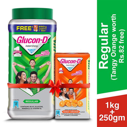 Glucon-D Instant Energy Health Drink Regular - 1kg Jar (250gm Tangy Orange Refill Free)