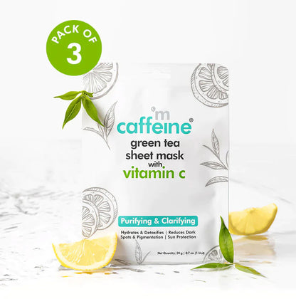 MCaffeine Vitamin C Face Sheet Masks with Green Tea for Dark Spot Reduction & Hydration - Pack of 3