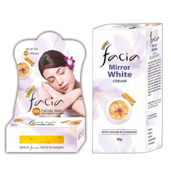 Facia Mirror White Cream (30gm) & Facia Spa Facial Bar and with Kesar & Chandan (25gm)