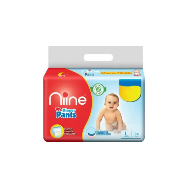 niine Cottony Soft Baby Diaper Pants with Wetness Indicator and Disposal Tape (L) - (24 Pieces)