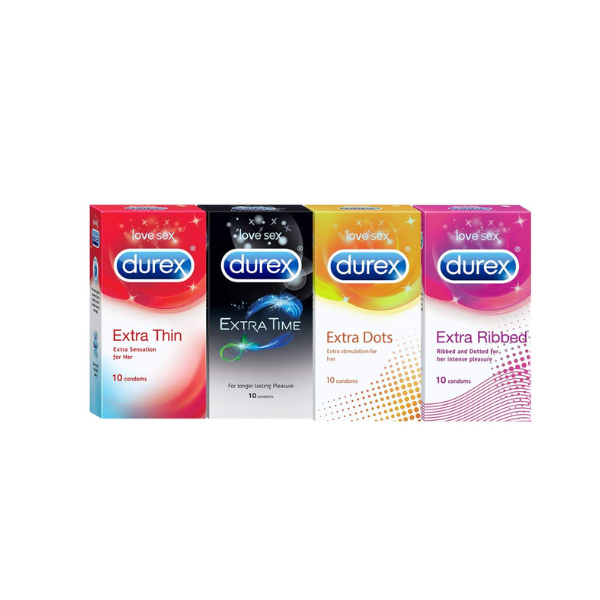 Durex Multi-pack Condoms for Men (Extra Time, Extra Dotted, Extra Ribbed, Extra Time) -10 Pieces (Pack of 4), Durex Multi-pack Condoms for Men 