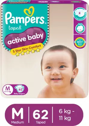 Pampers Active Baby Diapers (M) - (62 Pieces)