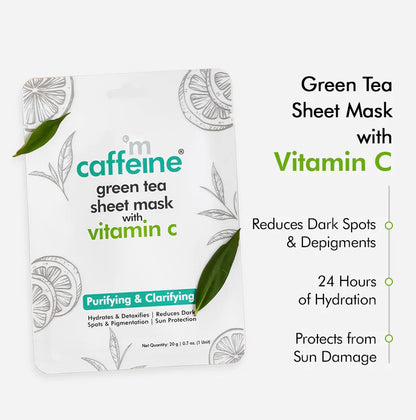 MCaffeine Vitamin C Face Sheet Masks with Green Tea for Dark Spot Reduction & Hydration - Pack of 3