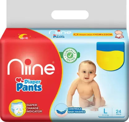niine Cottony Soft Baby Diaper Pants with Wetness Indicator and Disposal Tape (L) - (24 Pieces)
