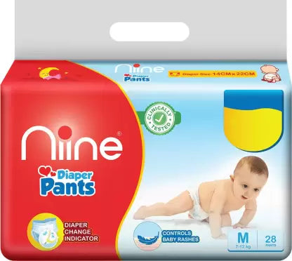 niine Cottony Soft Baby Diaper Pants with Wetness Indicator and Disposal Tape (M) - (28 Pieces)