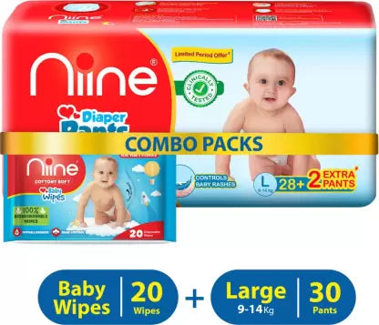 niine Combo of Baby Diaper Pants (L) Size 30 Pants with 20 Baby Wipes