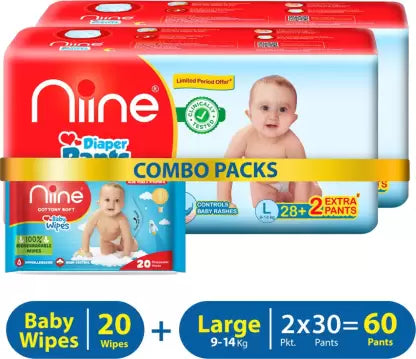 niine Combo of Baby Diaper Pants (L) Size 60 Pants with 20 Baby Wipes