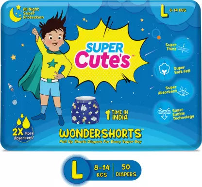 Super Cute's Premium Shorts Style Pant Diaper for Boys | Super Soft and Ultra Thinz Diapers (L) - (50 Pieces)