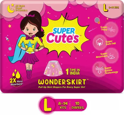 Super Cute's Premium Skirts Style Pant Diaper for Girls | Super Soft and Ultra Thinz Diapers (L) - (10 Pieces)