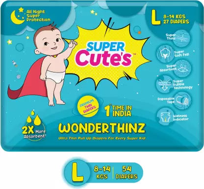 Super Cute's Premium Ultra Thin Diaper Pants with Wetness Indicator 2x Absorption & Comfort (L) - (54 Pieces)