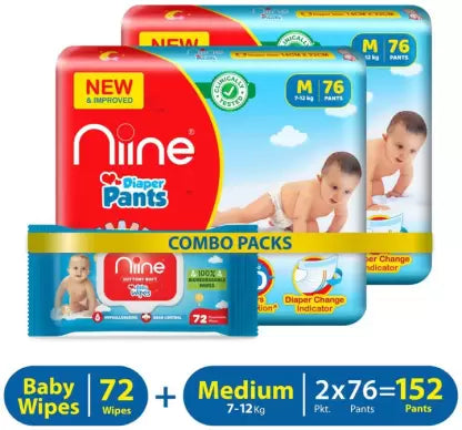 niine combo of Baby Diaper Pants (M) size 152 count with Baby Wipe 72 count