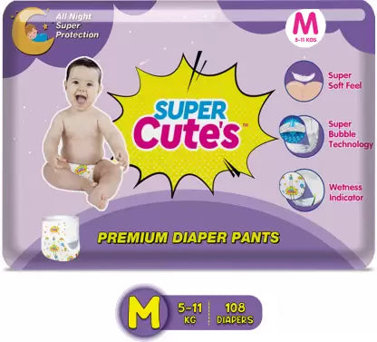 Super Cute's Premium Wonder Pullups Diaper Pant with Wetness Indicator & Leak Lock Technology (M) - (108 Pieces)